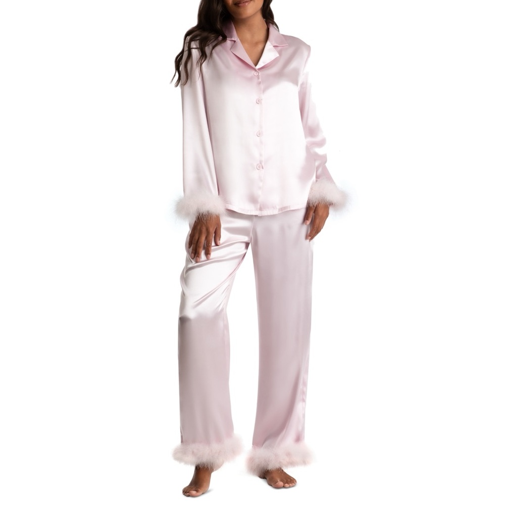 NWT LINEA DONATELLA Women's Marabou Powder Pink Feather Satin Pajama Set Size L